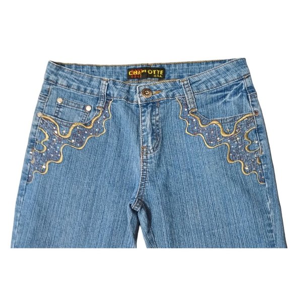 Charlotte Jeans Womens Size 7 / 8 Juniors Stretch Boot Embellished Embroidered - Picture 3 of 13